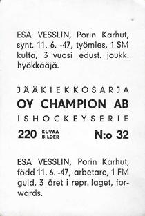 1966 Champion Jaakiekkosarja (Finnish) #32 Esa Vesslin Back