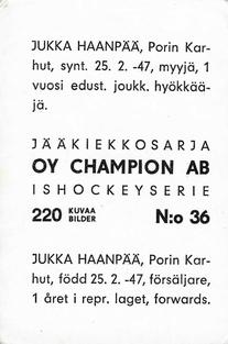 1966 Champion Jaakiekkosarja (Finnish) #36 Jukka Haanpaa Back