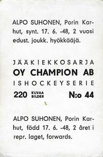1966 Champion Jaakiekkosarja (Finnish) #44 Alpo Suhonen Back