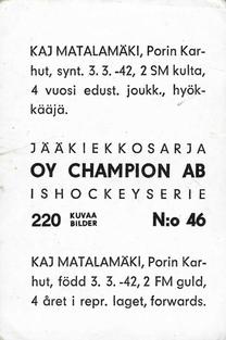1966 Champion Jaakiekkosarja (Finnish) #46 Kaj Matalamäki Back