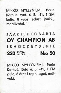 1966 Champion Jaakiekkosarja (Finnish) #50 Mikko Myllyniemi Back