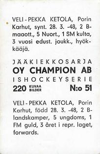 1966 Champion Jaakiekkosarja (Finnish) #51 Veli-Pekka Ketola Back