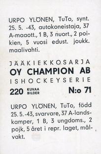 1966 Champion Jaakiekkosarja (Finnish) #71 Urpo Ylönen Back