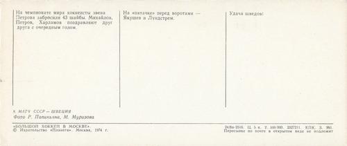 1973 Soviet World Ice Hockey Championship Postcards #9 Sweden vs. USSR Back