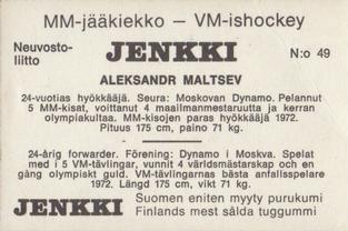 1974 Hellas/Jenkki MM-Jaakiekko (Finnish) #49 Aleksandr Maltsev Back