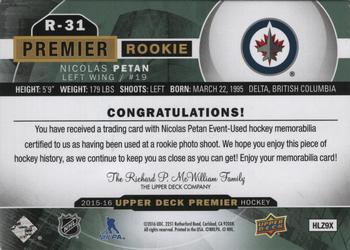 2015-16 Upper Deck Premier - Rookies - Brand Logo Patch #R-31 Nicolas Petan Back