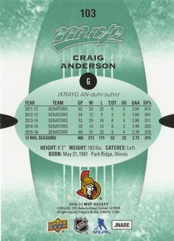 2016-17 Upper Deck MVP - Green Script #103 Craig Anderson Back