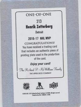 2016-17 Upper Deck MVP - Printing Plate Cyan #213 Henrik Zetterberg Back
