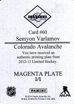 2012-13 Panini Limited - Printing Plate Magenta #60 Semyon Varlamov Back