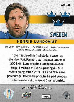 2016 Upper Deck World Cup of Hockey #WCH-40 Henrik Lundqvist Back