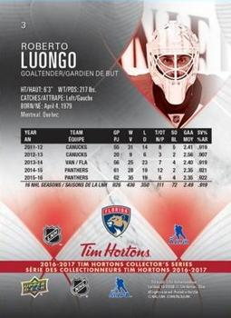 2016-17 Upper Deck Tim Hortons #3 Roberto Luongo Back