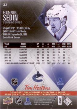 2016-17 Upper Deck Tim Hortons #33 Henrik Sedin Back