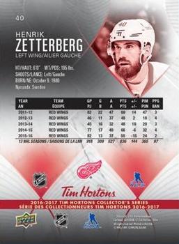 2016-17 Upper Deck Tim Hortons #40 Henrik Zetterberg Back