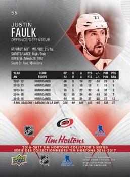 2016-17 Upper Deck Tim Hortons #55 Justin Faulk Back