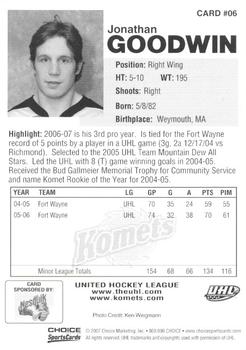 2006-07 Choice Fort Wayne Komets (UHL) #6 Jonathan Goodwin Back
