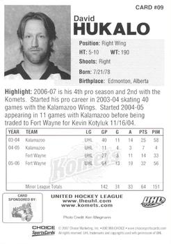 2006-07 Choice Fort Wayne Komets (UHL) #9 David Hukalo Back