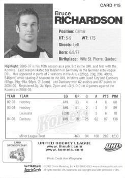 2006-07 Choice Fort Wayne Komets (UHL) #15 Bruce Richardson Back