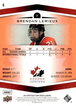 2014 Upper Deck Team Canada Juniors - Exclusives #4 Brendan Lemieux Back