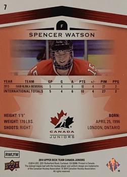 2014 Upper Deck Team Canada Juniors - Exclusives #7 Spencer Watson Back