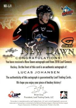 2016 Leaf Genesis - New Dawn Autographs #ND-LJ1 Lucas Johansen Back