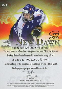 2016 Leaf Genesis - New Dawn Autographs Gold #ND-JP1 Jesse Puljujärvi Back