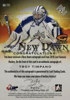 2016 Leaf Genesis - New Dawn Autographs Silver #ND-TT1 Troy Timpano Back