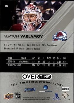 2016-17 Upper Deck Overtime #10 Semyon Varlamov Back