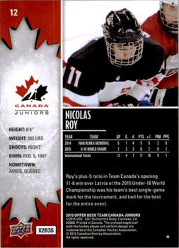 2015 Upper Deck Team Canada Juniors #12 Nicolas Roy Back