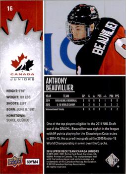 2015 Upper Deck Team Canada Juniors #16 Anthony Beauvillier Back