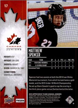 2015 Upper Deck Team Canada Juniors #17 Matthew Spencer Back