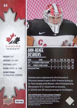 2015 Upper Deck Team Canada Juniors #64 Ann-Renee Desbiens Back