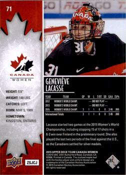 2015 Upper Deck Team Canada Juniors #71 Genevieve Lacasse Back
