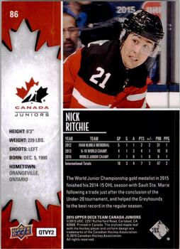 2015 Upper Deck Team Canada Juniors #86 Nick Ritchie Back