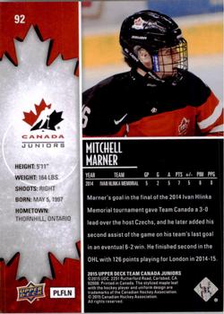 2015 Upper Deck Team Canada Juniors #92 Mitch Marner Back
