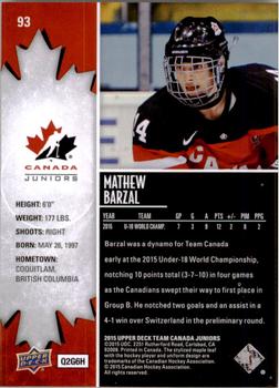 2015 Upper Deck Team Canada Juniors #93 Mathew Barzal Back