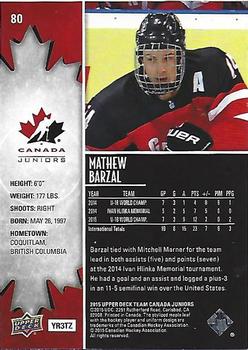 2015 Upper Deck Team Canada Juniors - Base - Gold #80 Mathew Barzal Back