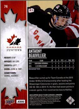 2015 Upper Deck Team Canada Juniors - Base - Exclusives #74 Anthony Beauvillier Back