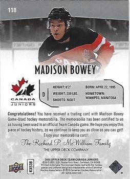 2015 Upper Deck Team Canada Juniors - Base Jerseys #118 Madison Bowey Back