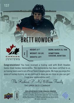 2015 Upper Deck Team Canada Juniors - Base Jerseys #137 Brett Howden Back