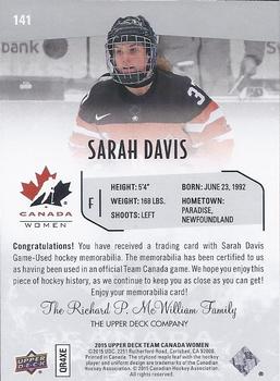 2015 Upper Deck Team Canada Juniors - Base Jerseys #141 Sarah Davis Back