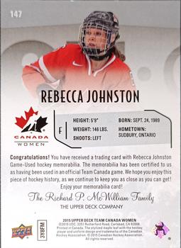 2015 Upper Deck Team Canada Juniors - Base Jerseys #147 Rebecca Johnston Back