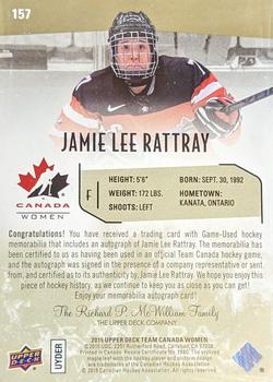 2015 Upper Deck Team Canada Juniors - Gold Spectrum Autograph Patch #157 Jamie Lee Rattray Back