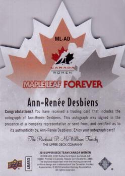 2015 Upper Deck Team Canada Juniors - Maple Leaf Forever Autographs #ML-AD Ann-Renee Desbiens Back