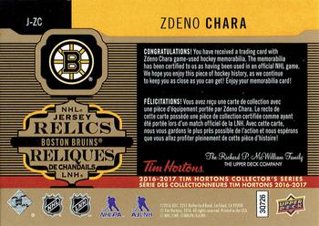2016-17 Upper Deck Tim Hortons - NHL Jersey Relics #J-ZC Zdeno Chara Back
