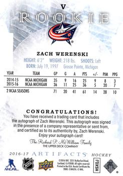 2016-17 Upper Deck Artifacts - Rookie Autograph Exchange #V Zach Werenski Back