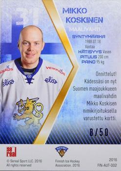 2016 Sereal Team Finland - Autographs #FIN-AUT-002 Mikko Koskinen Back