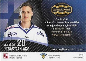 2016 Sereal Team Finland - U20 Autographs #FIN-U20-A04 Sebastian Aho Back