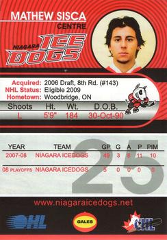2008-09 Niagara IceDogs (OHL) #19 Matt Sisca Back