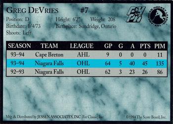 1994-95 Classic Cape Breton Oilers (AHL) #NNO Greg de Vries Back