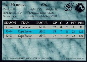 1994-95 Classic Cape Breton Oilers (AHL) #NNO Ian Herbers Back